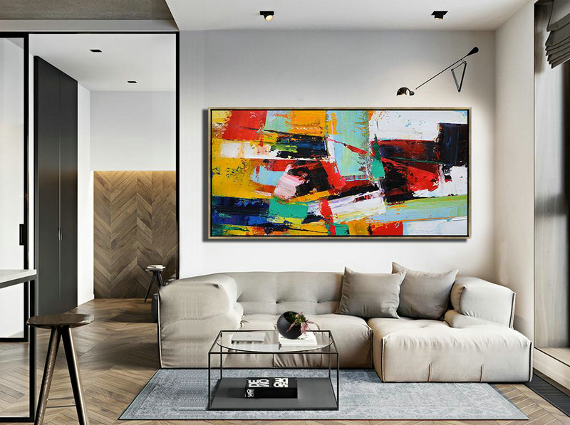 Handmade Painting Large Abstract Art,Horizontal Palette Knife Contemporary Art Panoramic Canvas Painting,Pop Art Canvas White,Yellow,Red,Black